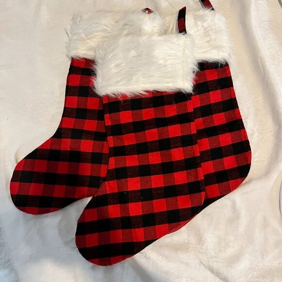Set of 3 Large Buffalo Print Christmas Stockings with Faux Fur Trim, NWOT - Picture 1 of 2